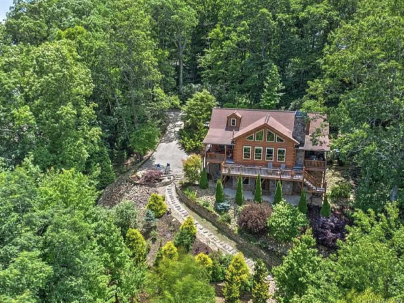 Mountain cabin aerial view